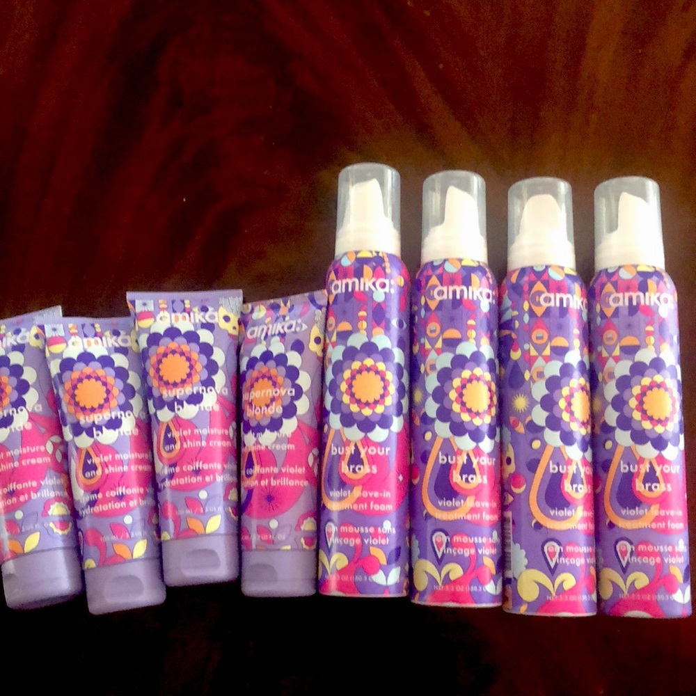 Amika “bust your brass” 8 items total (4) violet mousse & (4) super nova blonde